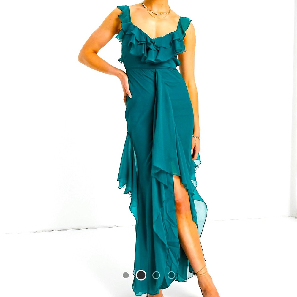 New ASOS DESIGN teal Maxi dress w/ cut-outs, ruffle detail and dipped hem